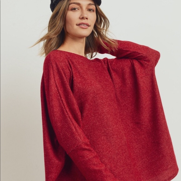 CHERISH BURGUNDY OVERSIZED BRUSHED RIBBED KNIT TOP - Picture 3 of 9